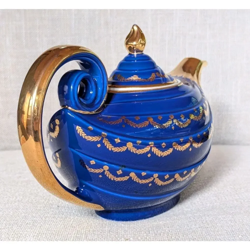 Hall China MCM Marine Blue Aladdin Teapot With Gold Trim and Lid 1950s